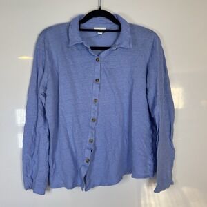 J.Jill Love Linen Button Up Shirt Womens Large Blue Long Sleeve Coastal